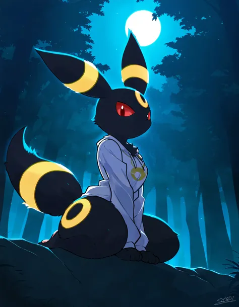 1girl,anthro, umbreon, black body fur, gold markings, pokemon, red eyes, fluffy fur, at night, moonlight, forest, detailed background, best quality, clothing, 1 tail