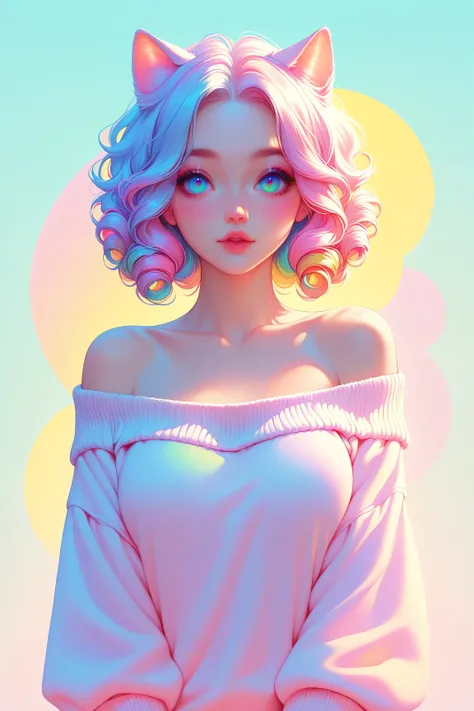 random hot and busty korean catgirl, curly ends, cat ears, pastel color palette, no background, pastel background, colorful background, off the shoulder sweater,  