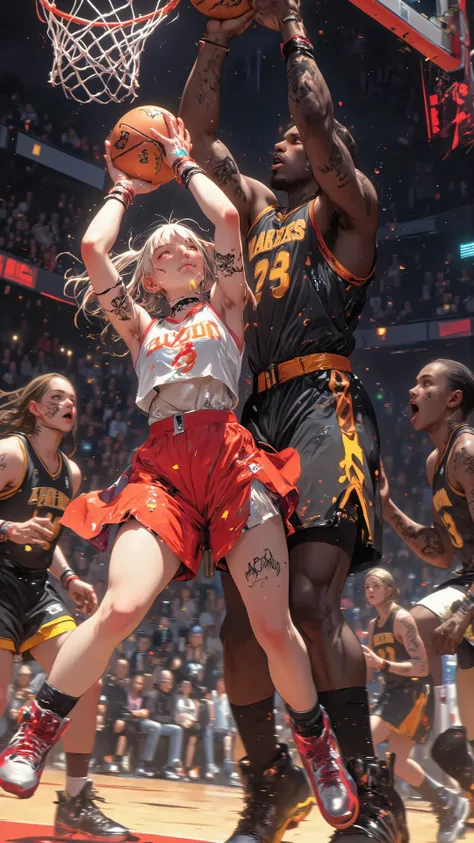 Beautiful warrior girl who is very active in the NBA, TV anime,
((NSFW)),
PosingDynamicsDaal,
Motion blur,
1girl, 3guys,
Dynamic composition,
Looking up from below,
A large girl in the foreground,
A tall black player from the opposing team in the backgro...