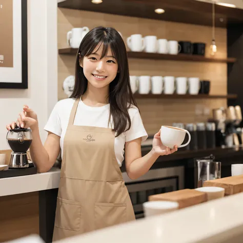 young Japanese Cute female barista, smiling warmly as she stands in a minimalist café. Dressed in a white T-shirt and a brown apron, she holds a coffee cup in one hand and a frothing pitcher in the other, framed by delicate beige-and-gray lines that comple...