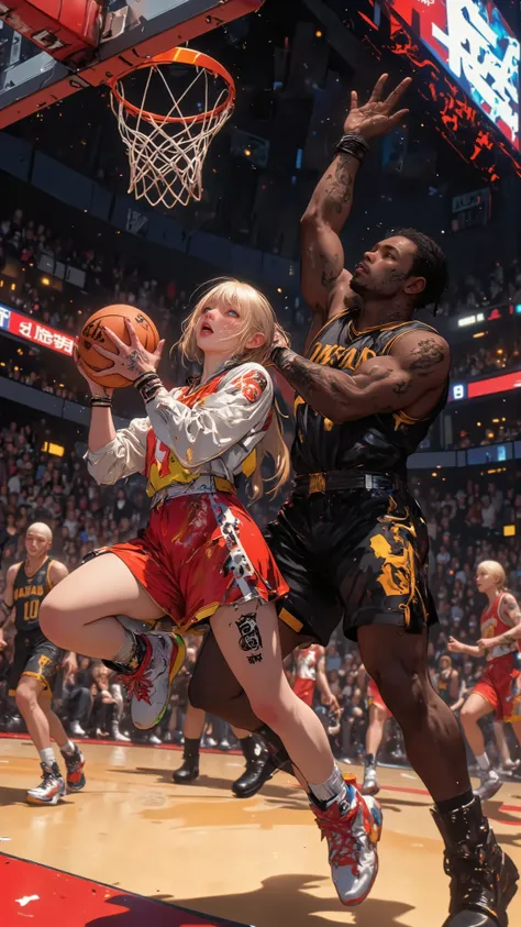 Beautiful warrior girl who is very active in the NBA, TV anime,
((NSFW)),
PosingDynamicsDaal,
Motion blur,
1girl, 3guys,
Dynamic composition,
Looking up from below,
A large girl in the foreground,
A tall black player from the opposing team in the backgro...
