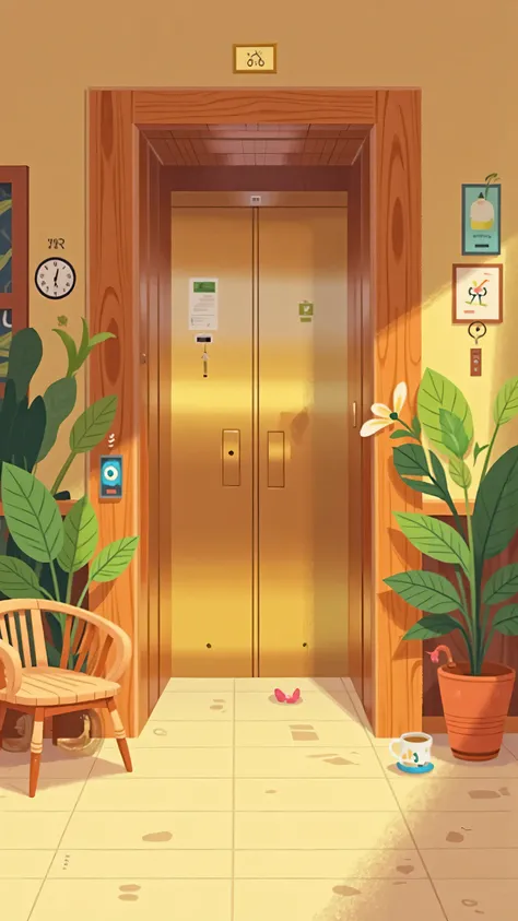 frontal footage ,Medium shot,In the hotel lobby;The background is a hotel stainless steel metal elevator;High-end luxury in a hotel,modernization;has a peaceful holiday atmosphere,Art style is clean、dream、warmth, illustration style ,webcartoon art style,a...