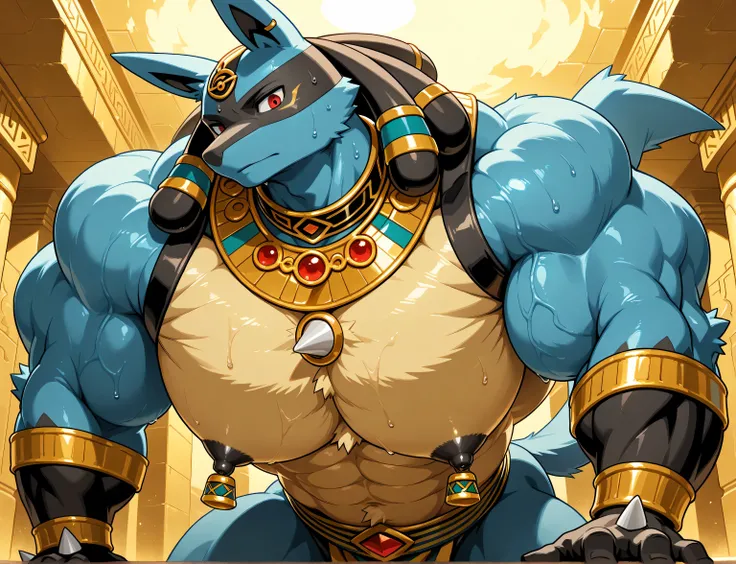 detailed background, low view, egypt, leaning forward on viewer, front view, close up, solo, score_9_up,score_8_up,score_7_up,score_6_up,score_5_up,score_4_up, BREAK kemono, bara, furry, 1boy, anthro, Lucario, Blue Fur, Chest Spike, Red Eyes, yellow chest ...