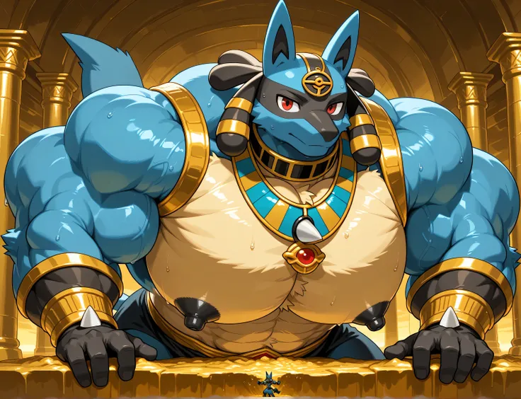 detailed background, low view, egypt, leaning forward on viewer, front view, close up, solo, score_9_up,score_8_up,score_7_up,score_6_up,score_5_up,score_4_up, BREAK kemono, bara, furry, 1boy, anthro, Lucario, Blue Fur, Chest Spike, Red Eyes, yellow chest ...