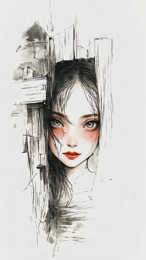 master piece:1.5、(minimal art, line drawing), woman、Black and white art:1.2、lips are red、Black and white world、silence、An ennui look、Densely drawn