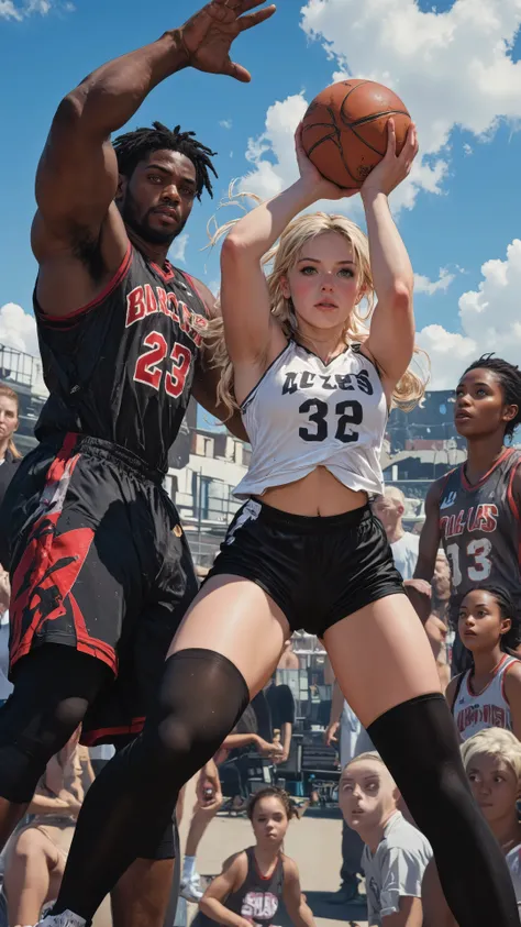 Beautiful warrior girl who is very active in the NBA, TV anime,
((NSFW)),
PosingDynamicsDaal,
Motion blur,
1girl, 3guys,
Dynamic composition,
Looking up from below,
A large girl in the foreground,
A tall black player from the opposing team in the backgro...