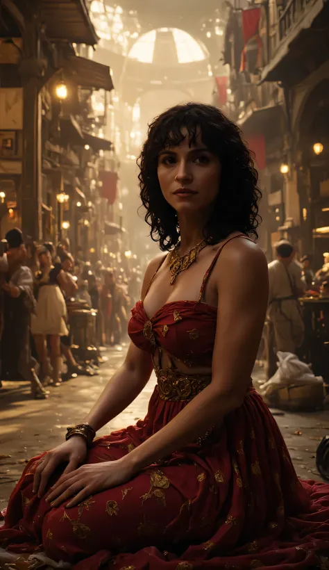 Rome women, sexy fantasy, rome costume, sitting in rome market, fan art, fantasy, cinema art, film work, cinematic look, warm filter, ancient life, historical, background in market, dusty, curly hair women, view in navel side