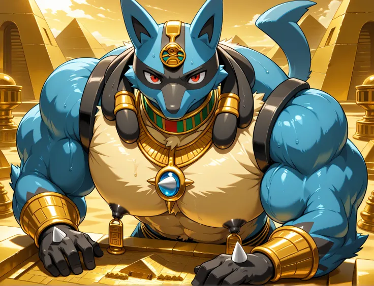 detailed background, low view, pyramids, leaning forward on viewer, front view, close up, solo, score_9_up,score_8_up,score_7_up,score_6_up,score_5_up,score_4_up, BREAK kemono, bara, furry, 1boy, anthro, Lucario, Blue Fur, Chest Spike, Red Eyes, yellow che...