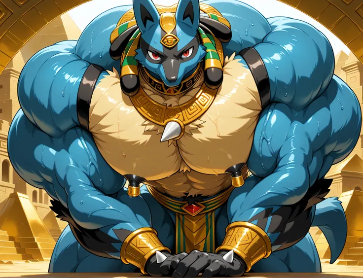 detailed background, low view, pyramids, leaning forward on viewer, front view, close up, solo, score_9_up,score_8_up,score_7_up,score_6_up,score_5_up,score_4_up, BREAK kemono, bara, furry, 1boy, anthro, Lucario, Blue Fur, Chest Spike, Red Eyes, yellow che...