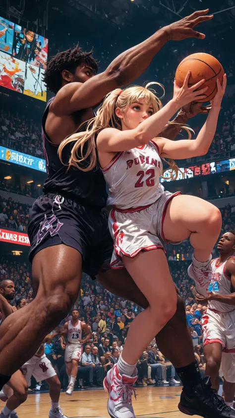 A magical girl who plays an active role in the NBA, TV anime,
((NSFW)),
PosingDynamicsDaal,
Motion blur,
1girl, 3guys,
Dynamic composition,
Looking up from below,
A large girl in the foreground,
A tall black player from the opposing team in the backgroun...