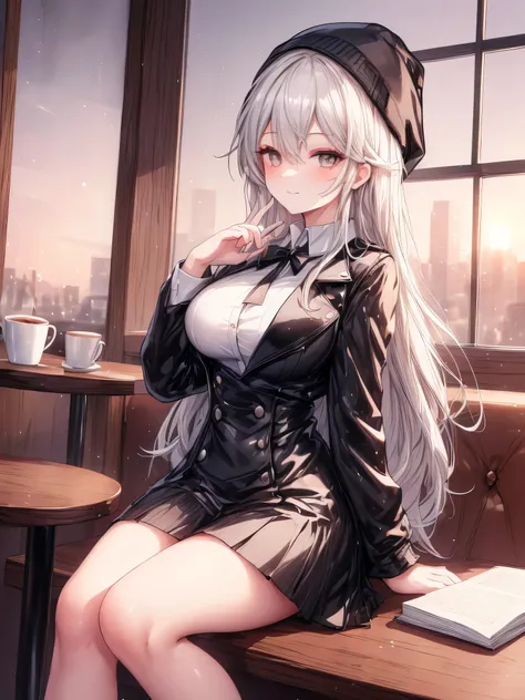 (Masterpiece, 4k, ultra high quality, well detailed), a beautiful woman sitting in a coffee shop with a cup of coffee and a book on the table, long hair, Straight hair, gray hair, ojos marrones, beautiful eyes, detailed face, beautiful face, Smiling Face,...