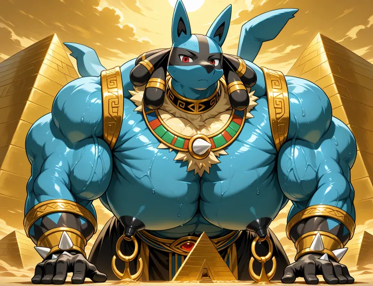 detailed background, very low view, pyramids, leaning forward on viewer, close up, solo, score_9_up,score_8_up,score_7_up,score_6_up,score_5_up,score_4_up, BREAK kemono, bara, furry, 1boy, anthro, Lucario, Blue Fur, Chest Spike, Red Eyes, yellow chest fur ...