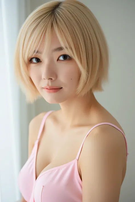 (((Short blonde bob hair )),( hair between eyes, thick eyebrows, earrings, , ),, (realistic photo:1.3), RAW photo, (high quality:1.2), masterpiece, beautiful asian woman, natural makeup, flawless skin, ((Light pink non-padded bras,Light pink T-back)),(stud...