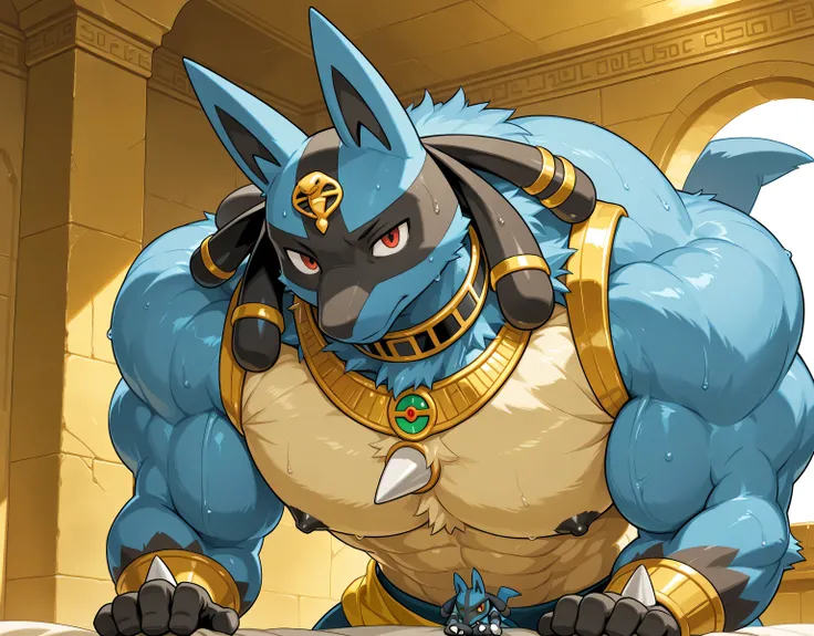 detailed background, low view, front view, egypt, close up, leaning forward on viewer, score_9_up,score_8_up,score_7_up,score_6_up,score_5_up,score_4_up, BREAK kemono, bara, furry, 1boy, anthro, lucario, Blue Fur, Chest Spike, Red Eyes, yellow chest fur wi...