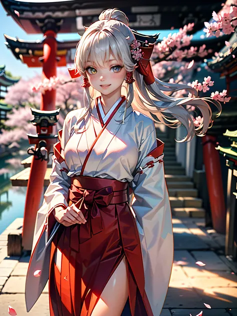 (Ultra Realistic), (Photo), (High Resolution), (8K), (High Resolution), ((Sakura petals flying all around her in the wind)), (Best Portrait), (Beautiful Detailed Eyes), (Top Quality), (Super Detail), (Masterpiece), (Wallpaper), ((Wearing a Shrine Maiden's ...