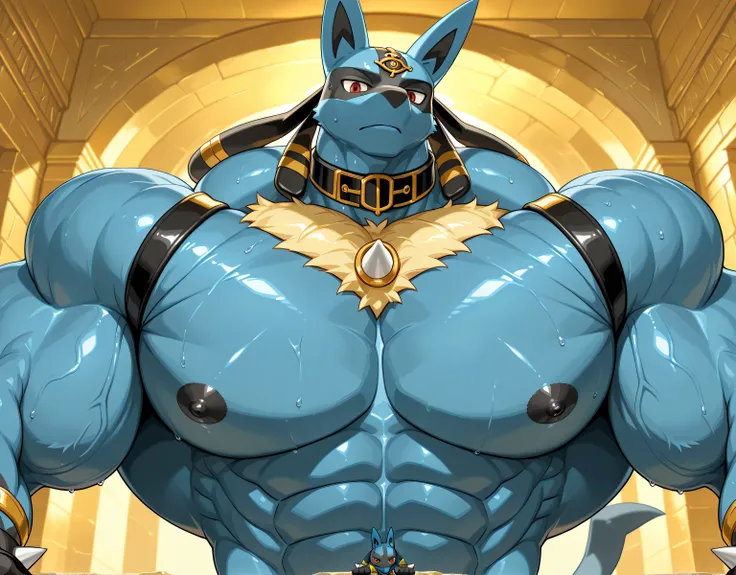 detailed background, low view, front view, egypt, close up, solo, score_9_up,score_8_up,score_7_up,score_6_up,score_5_up,score_4_up, BREAK kemono, bara, furry, 1boy, anthro, lucario, Blue Fur, Chest Spike, Red Eyes, yellow chest fur with thicker patches on...