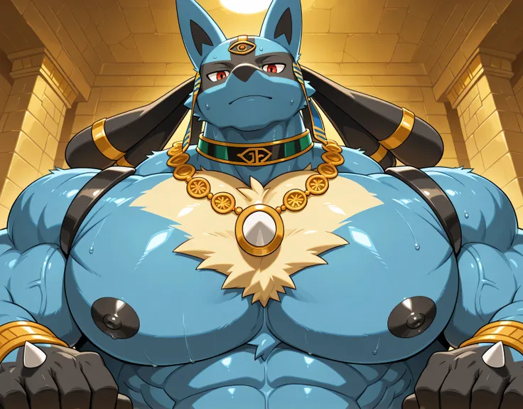 detailed background, low view, straight view, egypt, close up, solo, score_9_up,score_8_up,score_7_up,score_6_up,score_5_up,score_4_up, BREAK kemono, bara, furry, anthro, lucario, Blue Fur, Chest Spike, Red Eyes, yellow chest fur with thicker patches on th...