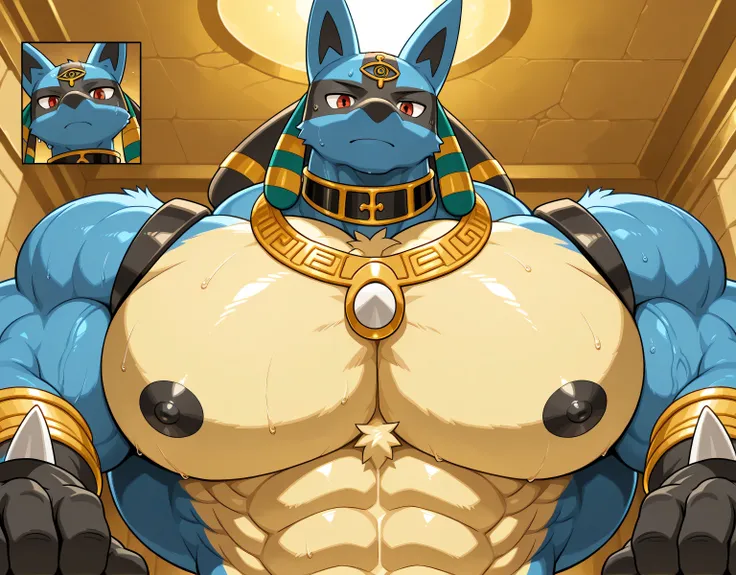 detailed background, low view, straight view, egypt, close up, solo, score_9_up,score_8_up,score_7_up,score_6_up,score_5_up,score_4_up, BREAK kemono, bara, furry, anthro, lucario, Blue Fur, Chest Spike, Red Eyes, yellow chest fur with thicker patches on th...
