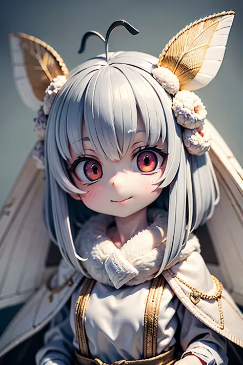 solo,1 Female\(cute, cute,small ,Skin color is white,short white fur ,( large moth wing hair :1.7),white dress\( beautiful race \),( two moth antennae on the hair :1.2), big evil smile ,[ moth wings on back :2.0],[ moth wings :2.0],[Moth Wing:2.0],[Extra A...