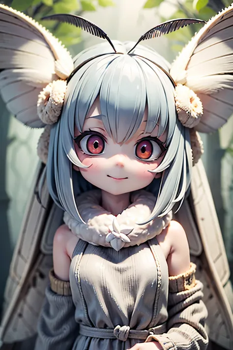solo,1 Female\(cute, cute,small ,Skin color is white,short white fur ,( large moth wing hair :1.7),white dress\( beautiful race \),( two moth antennae on the hair :1.2), big evil smile ,[ moth wings on back :2.0],[ moth wings :2.0],[Moth Wing:2.0],[Extra A...