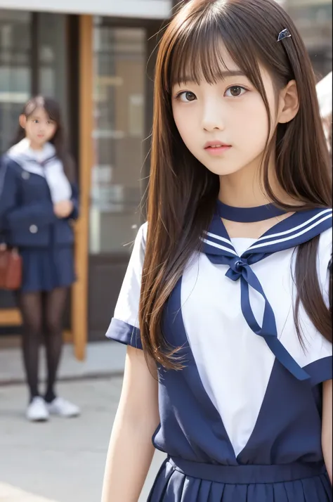 idol-like face ,long hair , straight hair , round face ,bust up , sailor suit , as shown in the picture , high school
