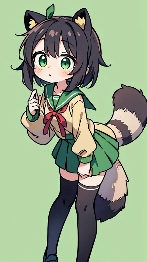 Anime Style、 female、 Raccoon Ears、Raccoon Tail、black hair、 short hair、 Green Sailor Suit、red ribbon、 Green Long Skirt 、knee-high、simple background、 green eyes、look up