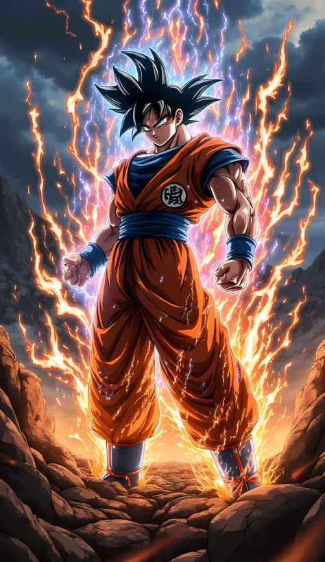 Goku increasing his energy with a furious scream overflowing his ki, in a dark landscape, ki lighting, electric rays around him