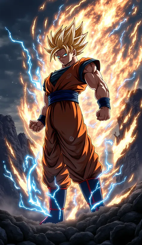 Goku increasing his energy with a furious scream overflowing his ki, in a dark landscape, ki lighting, electric rays around him