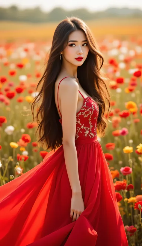 Beautiful Korean Woman Long Straight Hair Flowing Wearing Red Luxurious Dress Flowing Effect Flowers Many Groups of Various Flowers Flying Posing Professional Model in the middle of a field of flowers. HD
