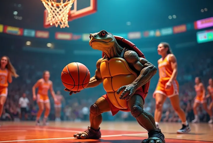unparalleled turtle playing basketball in the NBA Bugs Bunny Spacejam playing basketball,NBA,basketball,2b nier automata,hard-leather uniform,ultra high-representation basketball game on a basketball court . many girls panic in the background,turtle girl w...