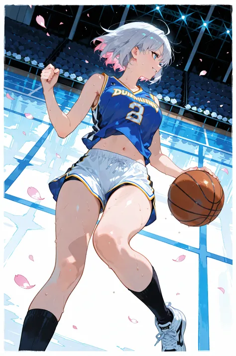 A lone female Saiyan warrior, framed in a cowboy shot angle, dominates an NBA basketball court, her side profile striking as she leaps toward the goal ring, captured mid-air from a low-angle view beneath, her refined Harley-Davidson parked courtside with i...