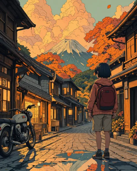 A young traveler wearing a backpack, standing outside a traditional wooden shop in a quiet Japanese village. A vintage Yamaha motorcycle parked nearby, reflecting the warm golden glow of the setting sun. Autumn leaves gently falling, creating a nostalgic a...