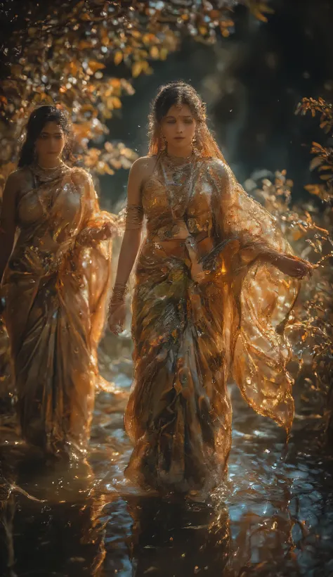 Portrait beautiful indian women walking in lake,erotic, sexy costume, serene nature landscape, golden hour sunlight, intricate sari clothing, graceful poses, reflections on water, lush greenery surroundings, ornate jewelry accessories, vivid warm colors,4k...