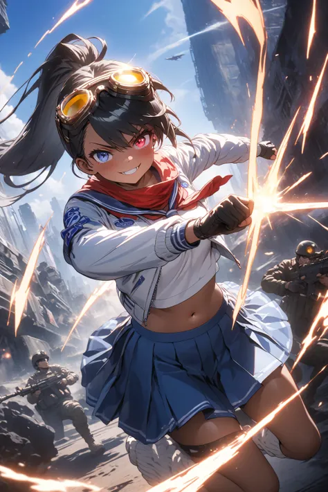 Score_9, Score_8_climb, Score_7_climb, Score_6_climb, Score_5_climb, Score_4_climb,Anime Art Masterpiece,best quality, unreal engine, super high resolution, extreme detail, one girl,black hair,High ponytail,hetene Arochromia,,Tanned skin,Soldier Wearing Gl...