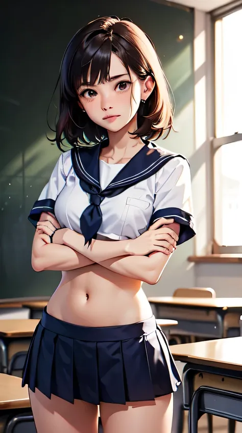 Woman in classroom, ((student collared white shirt)), blue student skirt , open navel, Open the abdomen, (showing abdominal area), ((((Arms crossed chest)))), Crying , (((teacher standing behind holding whip))))