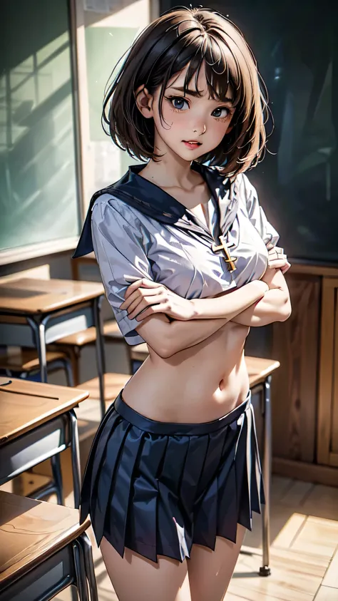 Woman in classroom, ((School Uniform, White Crop Top )), blue student skirt , open navel, Open the abdomen, (showing abdominal area), ((((Cross your arms.)))), Crying , (((teacher standing behind holding whip.))))