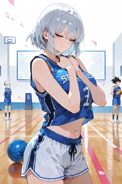 ジト目, Jitome, Half closed eyes,A lone female Saiyan warrior, framed in a close-up of her upper body and face, rules an NBA basketball court, her side profile captivating as she peers with half-closed eyes (jitome), a mix of calm and subtle defiance in her g...