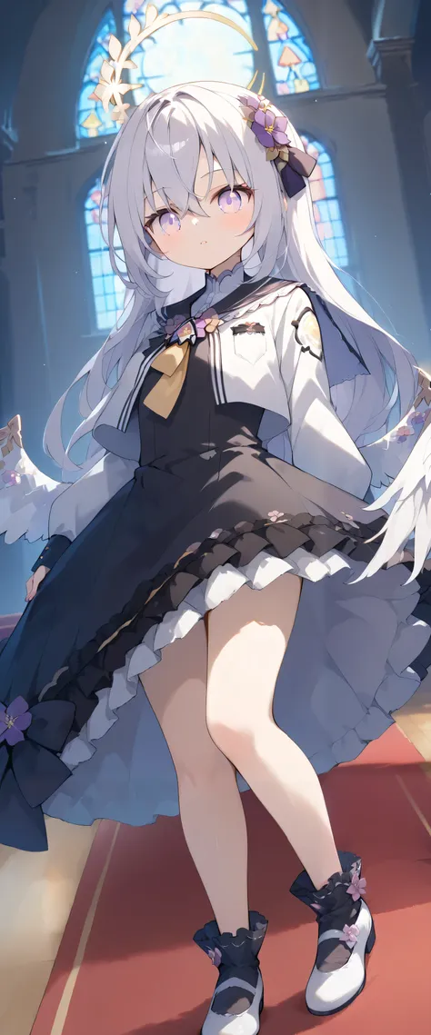 azusa \(blue archive\),purple eyes,white hair,long hair,wings,hair flower,halo,white capelet,black sailor collar,black frilled dress,white footwear solo,　髪の中から眉が見える, 目の間の髪, looking far away, masterpiece, 最高品質, very aesthetic, thick thighs, ((屋内))　天井　chande...