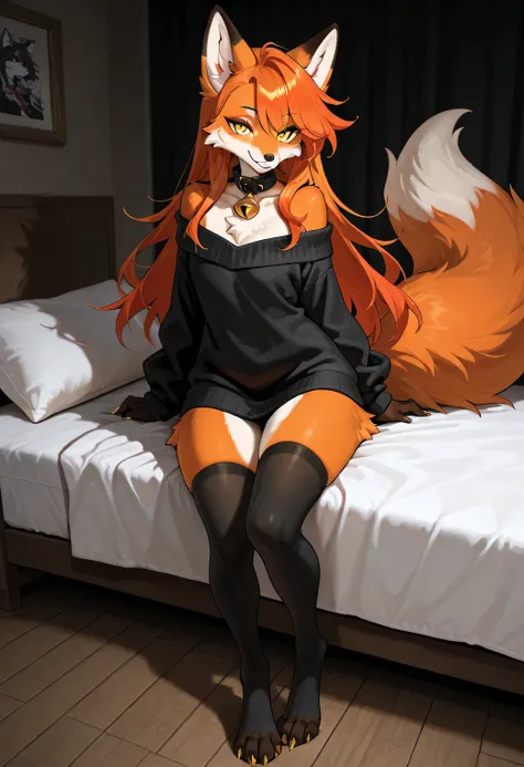 full body、Solo、unpralleled masterpiece、Detailed、Beautiful、score_9、score_8_up、score_7_up、score_6_up、moody atmosphere、mysterious、fox、anthro、female、furry、orange fur、yellow eyes、fluffy tail、foxy whiskers、(long hair、beautiful hair、orange hair、side swept hair、ba...