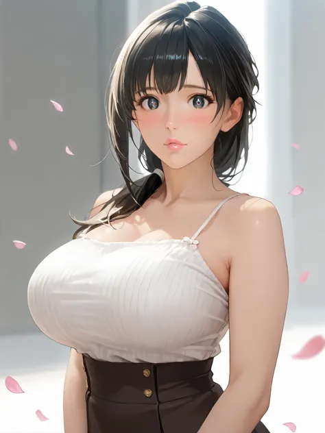 masterpiece, absurdres, yuki yokoya\(kimi wa meido sama\), 1girl, solo,mature female, spaghetti strap top, high waist mini skirt, looking at viewer, (falling petals), perfect composition, detailed lips, big breast, beautiful face, expression of confusion, ...