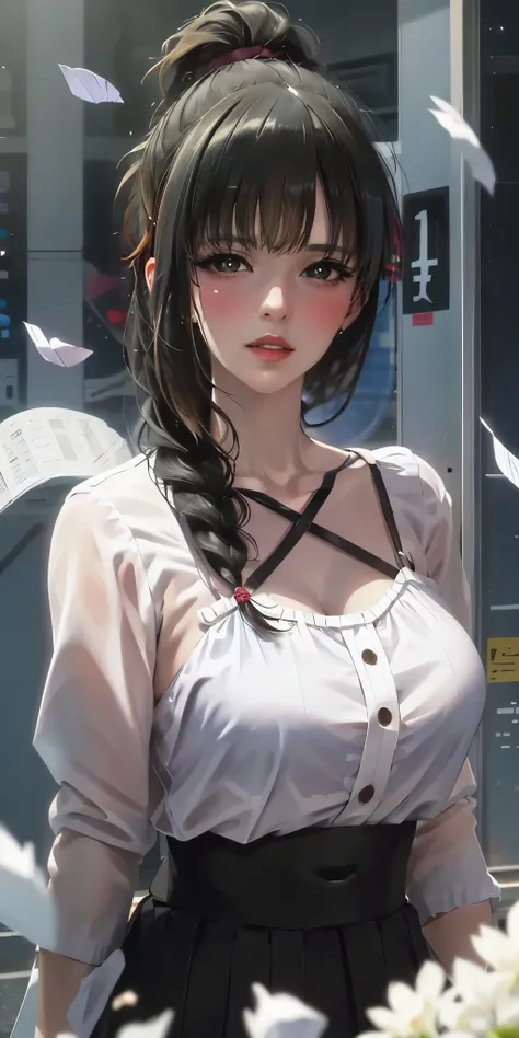 masterpiece, absurdres, yuki yokoya\(kimi wa meido sama\), 1girl, solo,mature female, spaghetti strap top, high waist mini skirt, looking at viewer, (falling petals), perfect composition, detailed lips, big breast, beautiful face, body propotion, blush, (p...