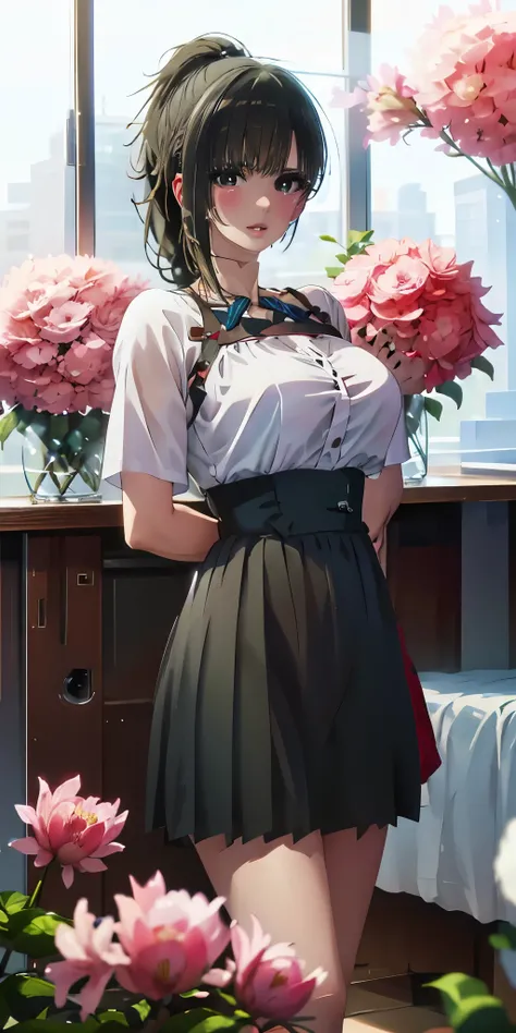 masterpiece, absurdres, yuki yokoya\(kimi wa meido sama\), 1girl, solo,mature female, spaghetti strap top, high waist mini skirt, looking at viewer, (falling petals), perfect composition, detailed lips, big breast, beautiful face, body propotion, blush, (p...