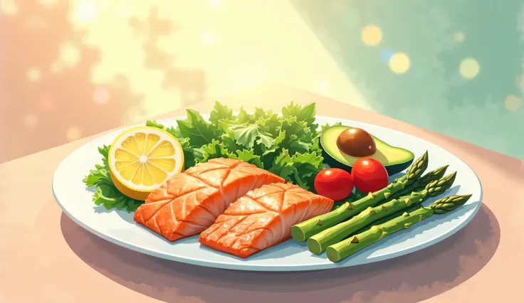 Retro anime - Flux style illustration of a dinner plate with light, healthy food. The plate is centered, featuring vibrant, fresh ingredients like grilled salmon with a lemon slice, a crisp side salad with cherry tomatoes and avocado, and steamed asparagus...