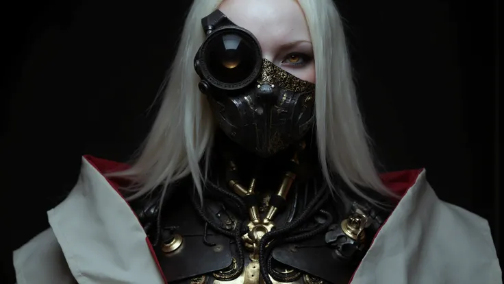 Beautiful girl with long white hair, face the camera head-on,tall,in black costume and cat tail {x} The armor on her body has black pipes and gold circuit textures,white cape,The inside of the cape is red,are in reverse,wide-angle lens from the top,The clo...