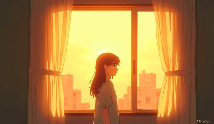 "Retro anime - Flux Style. A solitary figure stands by a large window, golden sunlight streaming in, casting warm, dynamic rays across the scene. The lighting is soft yet vibrant, with a nostalgic 80s/90s anime aesthetic—grainy texture, subtle halation, an...