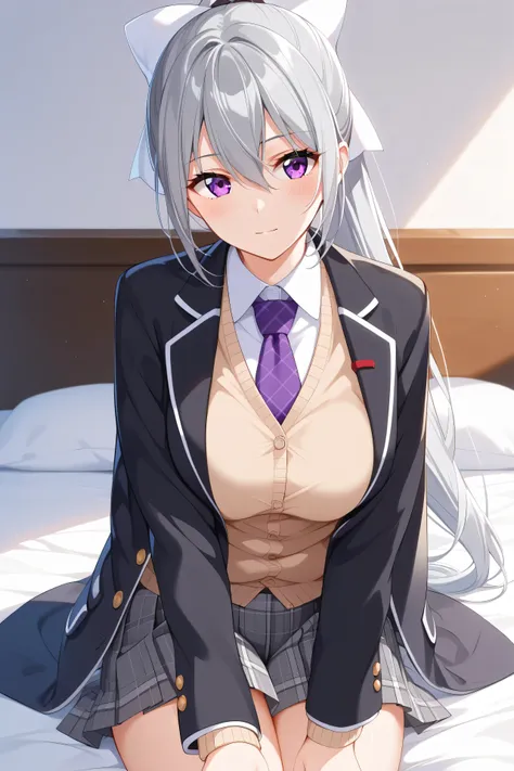 1woman,best quality,ultra-detailed,high resolution,extremely detailed CG,unity 8k wallpaper,score_9, score_8_up, score_7_up, source_anime,hk1, purple eyes, grey hair, hair between eyes, long hair,ponytail, bow, white bow,shirt, cardigan, jacket, black jack...