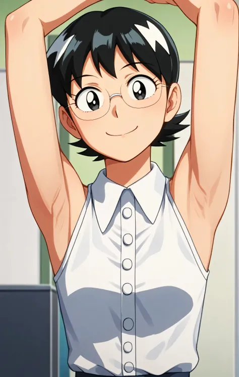 score_9, score_8_up, score_7_up, source_anime, anime coloring, masterpiece, best quality, amazing quality, anime screencap, 1girl, solo, tamako nobi, black hair, black eyes, glasses, white shirt, collared shirt, sleeveless shirt, buttons, bare shoulders, b...
