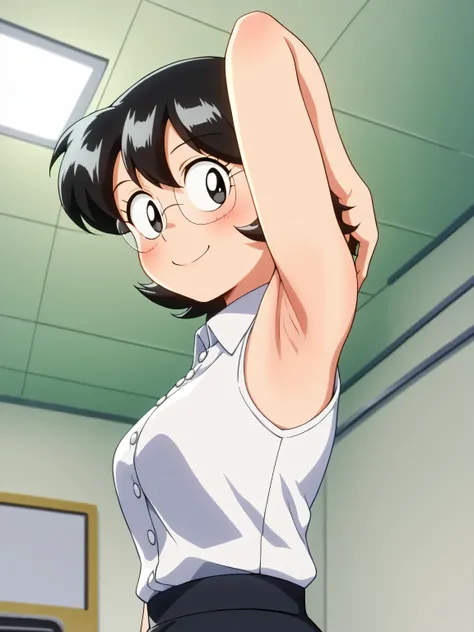 score_9, score_8_up, score_7_up, source_anime, anime coloring, masterpiece, best quality, amazing quality, anime screencap, 1girl, solo, tamako nobi, black hair, black eyes, glasses, white shirt, collared shirt, sleeveless shirt, buttons, black skirt, bare...