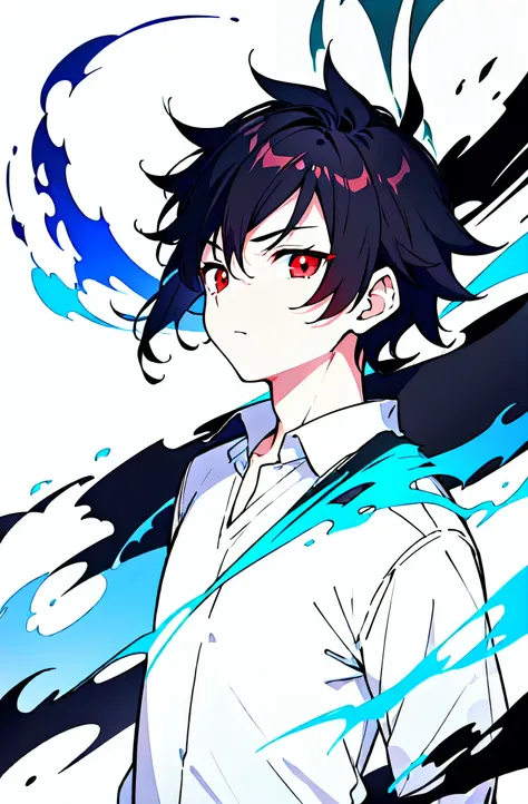 [(WHITE BACKGROUND:1.5),::5], ((masterpiece)), high quality, ultra very high resolution, full color, ((solo)), ((little younger boy)), white shirt, ((men's Black hair)), (Red eyes), anime, (upper body), (Blue Blaze effects:1.3)