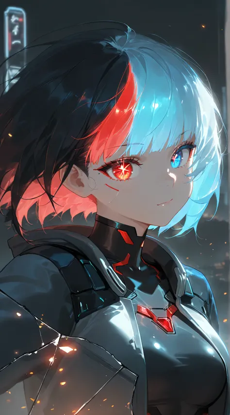 Masterpiece, Best Quality, Top Quality, Very Detailed, 1 girl, A futuristic cyberpunk female warrior with white, glowing hair and striking heterochromia (one red eye, one blue eye). She wears a sleek, high-tech bodysuit with glowing red gemstones and metal...